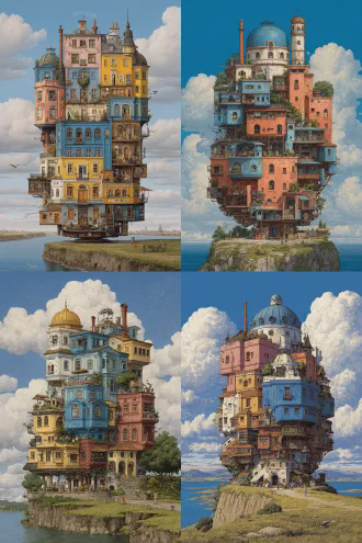 a fantastical, multi - colored, multi - story floating house with intricate internal details, set against a backdrop of a blue sky with clouds, a body of water below, and a grassy cliff edge. the house has various architectural elements like chimneys, balconies, and a dome - like top. there are also small figures and details suggesting a lively, bustling interior.