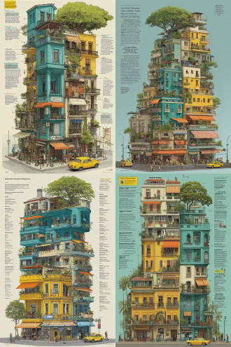 "prompt": "a detailed, colorful illustration of a densely packed, multi - story building complex. the structure has variously colored facades, including teal, yellow, and beige. each floor has balconies with plants, awnings (orange and white), and various windows. there is a tree growing on the top of the building. at the ground level, there are shops with signs, a yellow taxi, and people walking around. the style is reminiscent of urban, hyper - detailed architectural illustrations. "