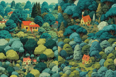 这是一幅描绘森林小镇的插画。小镇被高大的绿树环绕，枝叶繁茂，形成浓密的树冠覆盖着小镇。画面中央，有一栋黄色屋顶、红色屋顶和烟囱的房子。房子坐落在中心，前面有一个小花园。花园里种满了灌木和灌木，小镇上还散布着几栋其他房子，其中一些也被绿叶覆盖。插画的整体色调明亮而充满活力，以绿色、黄色和蓝色为主调