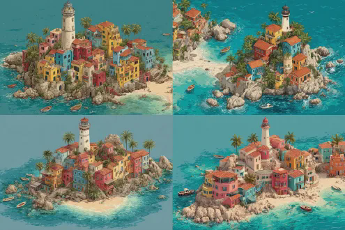 isometric view of a mediterranean coastal village on a rocky island, with colorful buildings, palm trees, a lighthouse on top, boats in the turquoise sea, detailed architectural elements, clear sky, and a sandy beach.