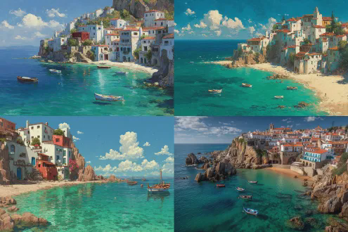 等距视角的悬崖海滨村庄，白色房屋与红色屋顶，彩色建筑错落，碧绿海水中小船漂浮，沙滩延伸，背景是清澈蓝天与云朵，细节丰富，色彩鲜艳，自然与建筑融合，鸟瞰构图，明亮自然光，饱和色彩，宁静愉悦氛围，广角镜头，高细节渲染，柔和阴影，生动纹理。