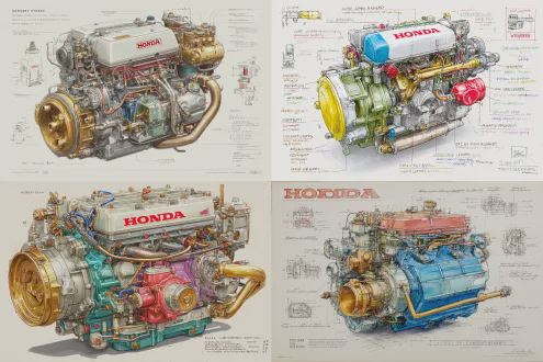 "prompt": "a detailed illustration of a honda engine, showcasing intricate mechanical components, metallic textures, and vibrant colors. the engine features a prominent 'honda' logo, gold-colored exhaust pipes, and various hoses and bolts. the background is plain white, emphasizing the engine's complexity and craftsmanship."