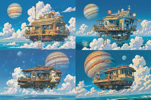 "floating boat - house with a ladder, people on deck, \"route\" sign, rustic mechanical details, a giant jupiter - like planet (with striped atmosphere and a large circular storm - like feature) in a clear blue sky, ocean and fluffy clouds below, retro - futuristic comic art style, highly detailed line art, vibrant colors, moebius - inspired illustration, whimsical scene"