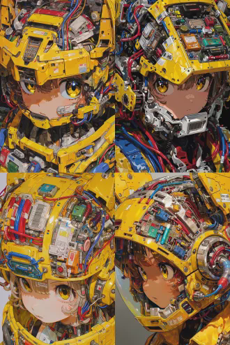 hyperdetailed cyberpunk anime girl, wearing a massive yellow mechanical helmet with intricate mechanical components (gears, circuit boards, red/blue/black wires, tubes, buttons, labels), cinematic lighting, 8k, ultra - detailed, photorealistic rendering, concept art, futuristic design, vibrant colors, detailed anime face, yellow eyes, mechanical textures, sharp focus