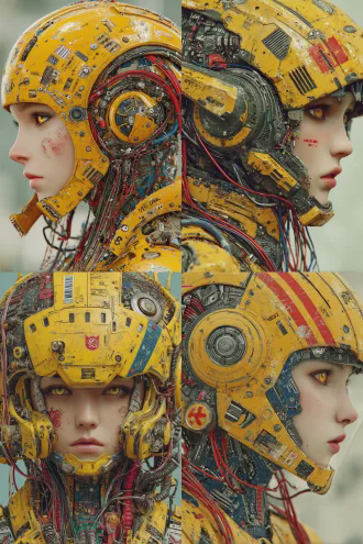 hyperdetailed cyberpunk anime girl, wearing a massive yellow mechanical helmet with intricate mechanical components (gears, circuit boards, red/blue/black wires, tubes, buttons, labels), cinematic lighting, 8k, ultra - detailed, photorealistic rendering, concept art, futuristic design, vibrant colors, detailed anime face, yellow eyes, mechanical textures, sharp focus