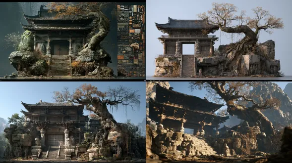 aaa game environment art presentation board, black myth: wukong dark chinese mythology aesthetic, 21:9 ultrawide, zbrush sculpted asset breakdown sheet, unreal engine 5 rendering. left 65%: monumental ancient chinese mountain temple gate on irregular rocky foundation, three quarter front view, full structure visible. authentic timber frame architecture, curved tiled roof, dougong bracket system, heavy beams, symmetrical stone stairway, weathered doors, carved stone column bases, guardian beast reliefs, buddhist/daoist ornamental carvings. massive twisted ancient tree beside temple, thick roots gripping boulders, sparse autumn foliage, moss, dry vines, eroded stone, partially buried statues. strong zbrush aesthetic: hand sculpted stone, layered erosion, realistic wood grain, photogrammetry quality materials, nanite rendering, aaa quality. dark earthy palette, muted moss green, charcoal gray, aged bronze, dramatic restrained directional lighting, deep shadows, rich ambient occlusion. rig