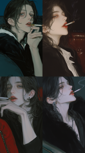 男，黑色长发，黑色连帽衫，靠着沙发，抽烟