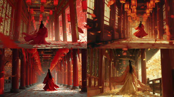 中国古代宫殿走廊，朱红木柱，金龙雕刻，丝绸灯笼发光，鲜红汉服飘逸，黑长发飞扬，精致金发簪，奔跑中带紧迫感，动态风拂布料，纸窗透柔光，秋叶旋舞，浅景深，低角度电影镜头，传统水墨风格融合写实细节，飘渺雾气，8k分辨率，杰作