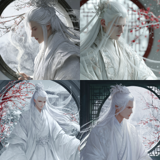 白衣，白发的俊美仙侠男主形象，头带精致白玉掐丝发冠，发带飘飘，动漫风格，近景，全身入境，香炉烟雾飘渺，圆形窗外红梅覆雪，园林景观可见，一派典雅，