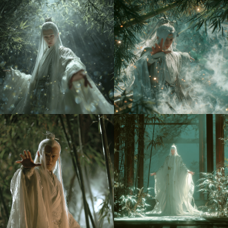 白衣白发仙侠男主，全身入境，白玉掐丝发冠，发带飘动，立于竹林檀香小筑，广角镜头，正面凝视镜头，催动法术，青绿色调，柔光与逆光结合，施法手势，仙气缭绕，竹林幽深，古典雅致，冷色调与暖光对比，飘逸，神秘，超凡脱俗