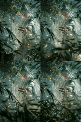 白衣白发仙侠男主，全身入境，白玉掐丝发冠，发带飘动，立于竹林檀香小筑，广角镜头，正面凝视镜头，催动法术，青绿色调，柔光与逆光结合，施法手势，仙气缭绕，竹林幽深，古典雅致，冷色调与暖光对比，飘逸，神秘，超凡脱俗