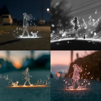 microscopic perspective, create a simple hand-drawn glowing line (only lines, no coloring), a mini girl with a great figure, long hair cascading over her shoulders, flowing hair, wearing a short skirt, walking on the road, wearing headphones, with many musical notes floating behind her, following a small cat, with the background blurred.