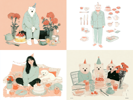 生日蛋糕、穿着睡衣的小熊、果冻、小红花、带着生日帽的小狗、刀叉、茶杯、茶壶等元素 水粉画 全身 水彩