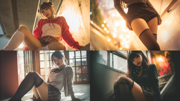 亚洲美少女cosplay，强调腿部身材，自然姿势，写实自拍，有轻微动态模糊，对角线布局，暖光，快速快门，肤色真实，随意感。