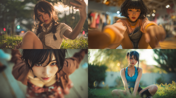 亚洲美女cosplay自拍，自然姿势，强调腿部与身材，真实皮肤纹理，轻微运动模糊，不均匀光线，略微过曝，日常感，写实风格，柔和色彩，自然表情，生活化背景，中焦镜头，散景效果，温暖色调，生动瞬间