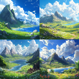 in the vast ocean lies a continent, with towering mountains, lush grasslands, and a vibrant atmosphere under a clear blue sky and white clouds.