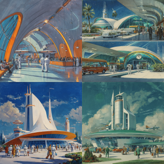 50年代复古未来太空港航站楼，高耸曲线古奇建筑，拉丝铝外墙，霓虹火箭形售票柜台，穿光滑白色复古太空服的乘客登入流线型玻璃穹顶原子穿梭机（尾焰闪烁），复古宣传壁画展示火星殖民地与原子符号，装饰艺术风格钟楼配旋转卫星模型，特艺七彩胶片色调，伊克塔克罗姆高饱和，戏剧性电影灯光投下长影