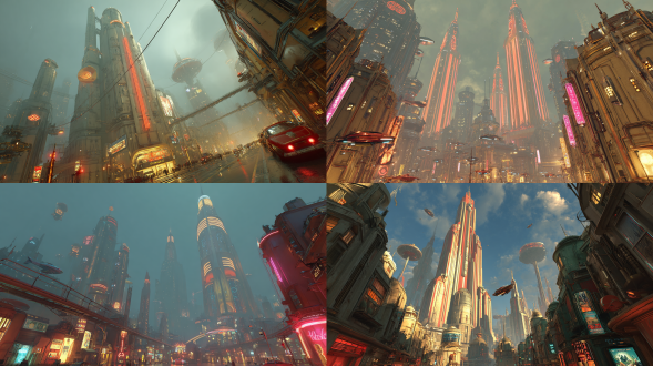 金色科幻都市，1950年代未来主义，高耸铬合金摩天大楼带原子符号，青柠与珊瑚色霓虹飞行汽车，装饰艺术建筑，复古宣传海报，雾霾氛围，赛博朋克光影，广角镜头，高饱和度，动态模糊，蒸汽波风格，黄昏低角度光照，赛德·米德风格，