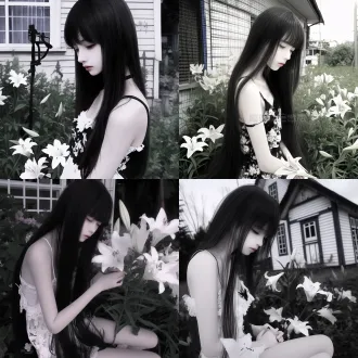 90s vintage ccd photo, heavy soft hazy filter, young east asian girl, extremely long sleek straight jet black hair with neat straight bangs, side profile view, eyes half closed looking down, gentle quiet expression, pale soft pink makeup, wearing faint muted floral camisole, half body shot, surrounded by clusters of blooming white lilies, backyard garden, old blurry white cottage with blue grid window frames in background, green lawn and leafy tree, soft overcast diffused natural daylight, glowing overexposed edge, low contrast, pastel cream pink tone, subtle fine film grain, dreamy ethereal atmosphere, soft bokeh, faded retro color grading