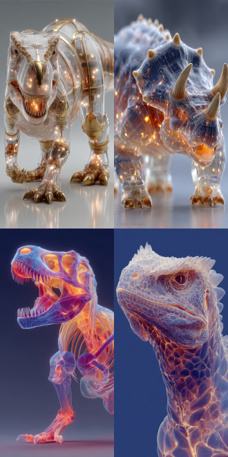 bokeh art，digital art，angry dinosaurs，by nick veasey, by james jean， extreme transparency。cg作品，c4d渲染。