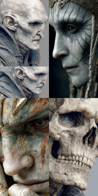 细致的手绘草图、巧妙的色彩搭配以及精准的解剖学形体结构知识，结合化妆和雕塑技术创造逼真的角色，特效化妆。by rick baker style。cg works，c4d render