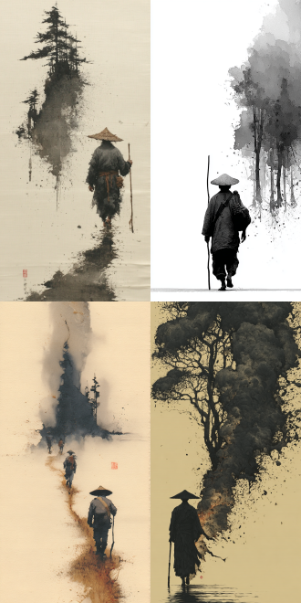 抽象艺术，minimalism，线条艺术，一位身着传统服饰、头戴斗笠、手持长杖的极小的行者，在一片空白中向上仰望。远景是一抹山体轮廓与稍微点缀的树木形态（黑色意境水墨，水墨颗粒晕染，弥散渐变，保留画笔含水量过载形成的生宣纸水渍边缘毛绒绒湮晕效果），中心大面积留白营造云雾缥缈感，空灵、悠远、禅意的意境 。南宋画家梁楷风格