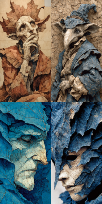 神秘，奇幻，树叶的纹理、石头的质感，人物角色的服饰和面部表情，通过精细的线条和阴影处理，将每一个细节都展现得栩栩如生。by brian froud，