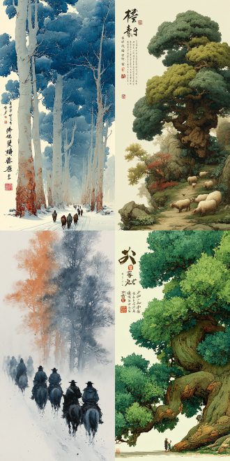 意境构图，石涛，刘子久，陈少梅，潘天寿，点彩彩墨水墨画，晕染，国画大师手绘，白色宣纸纹理背景，湿墨水彩，色彩颗粒，沙漠，大片胡杨树林（以盘根错节巨粗大的胡杨树干为特色），马，极小的人，胡杨林色彩及相近搭配色，色彩渐变，明亮而柔和的色光，格外迷人。颜料附着在生宣纸纸上呈现出自然颗粒感和柔和的色彩融合效果。保留画笔含水量过载渗入生宣纸形成的水渍洇晕效果。弥散渐变，牧溪（法常），东山魁夷，禅意，空灵，逸品，