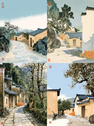 吴冠中水墨写意油画风格，黄土夯土乡村古村落，土黄色夯土民居，青灰瓦片木门，石板蜿蜒小路，山间老果树、茂盛绿树，墙角堆放橙色玉米，左侧老式摩托，澄澈湛蓝天空，远处层叠山野；大块几何概括建筑轮廓，焦墨泼墨绘制屋顶与山石，淡赭石、浅蓝水墨晕染墙面路面，简练枯笔勾勒树枝，淡彩通透晕染，画面大面积留白，少量亮色点缀果实，画面左上角与左下角红色篆刻方形印章，宣纸质感基底，空灵江南写意意境，极简造型，高级淡雅配色，8k高清，细腻水墨肌理。负面提示词：写实照片，相机质感，清晰复杂纹理，精细人像，杂乱杂物，厚重写实阴影，3d渲染，卡通，鲜艳刺眼色彩，现代高楼，人物特写，模糊水印，文字，多余装饰，塑料质感，写实摩托车细节。