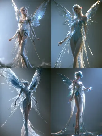 幻想精灵少女角色，居中构图，冰蓝灰朦胧背景，强柔化逆光，轮廓光，次表面散射，水晶折射，cg渲染，次世代游戏设定，空灵圣洁清冷优雅。