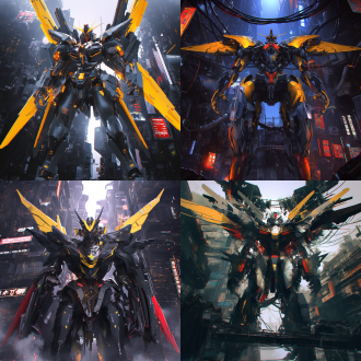 外星机械机器人高达站立于未来城市，四分之三视角，对称构图，黑黄红配色，赛博朋克风格，完美体积光，3d渲染机械细节，科幻时尚杂志封面，阮明阳设计风格，behance顶级cg概念，未来感，酷炫动态，高对比度，金属质感，环境光遮蔽，镜头畸变，特警配色方案，科技感爆棚，强烈视觉冲击