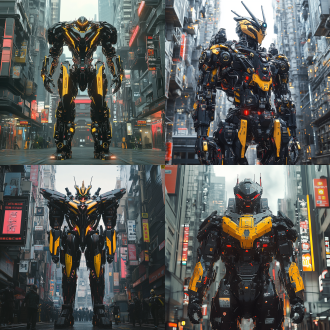 外星机械机器人高达站立于未来城市，四分之三视角，对称构图，黑黄红配色，赛博朋克风格，完美体积光，3d渲染机械细节，科幻时尚杂志封面，阮明阳设计风格，behance顶级cg概念，未来感，酷炫动态，高对比度，金属质感，环境光遮蔽，镜头畸变，特警配色方案，科技感爆棚，强烈视觉冲击