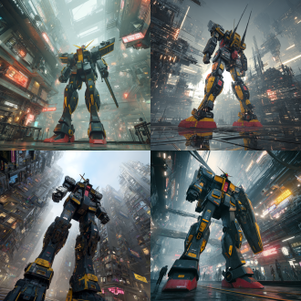 外星机械高达站立未来城市，四分之三视角对称构图，黑黄红配色，赛博朋克风，3d渲染，体积光，科技感强，视觉冲击大。
