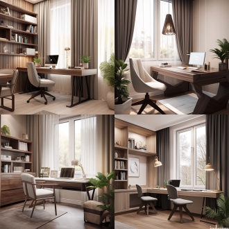"书房内景，桃花心木墙面与胡桃木大书桌，大窗引入自然光，浅色调，绿植点缀，现代家具搭配古典内饰，对称构图，柔和散光，景深效果，木质纹理，宁静氛围，中性色调，几何线条，优雅简约，舒适阅读空间。"