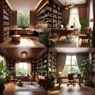 "书房内景，红木墙面，胡桃木大书桌，大窗户自然光，浅色调，植物点缀，现代家具，经典室内设计，对称构图，柔和散射光，广角镜头，高细节，宁静氛围，木质纹理突出，中性色系，舒适阅读角，简约装饰，优雅空间感。"