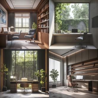 "书房内部设计，桃花心木墙面，胡桃木大书桌，大窗户自然光，浅色调，绿植点缀，现代家具，古典室内风格，对称构图，柔和漫射光，细腻纹理，高动态范围，广角镜头，极简布局，温暖氛围，宁静感，木质与植物元素，中性色彩平衡。"