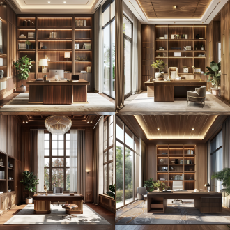 "书房内部透视，红木墙，胡桃木大书桌，大窗户自然光，浅色调，植物，现代家具，古典室内设计，对称构图，柔和漫射光，中性色系，温暖氛围，静谧感，木质纹理，开放式空间，细节丰富，极简主义，优雅精致，舒适感，阅读角落"