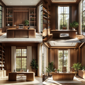 "书房内部设计，红木墙壁与胡桃木大书桌，大窗户引入自然光，浅色调，植物点缀，现代家具与古典风格融合，对称构图，柔和阴影，广角镜头，高细节，温暖氛围，宁静感，木质纹理，通透空间，中性色调，均衡布局。"