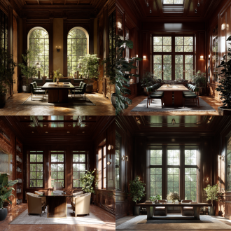 书房内景，对称构图，暖光，大窗户自然光，浅色调，红木墙、胡桃木桌，绿植与现代古典家具，长焦，宁静氛围。