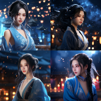 中国美女回眸微笑，四分之三视角，侧视图特写，黑色长发飘逸，青色汉服唐装，背景虚化夜景光，顶光铡光交织，3d渲染未来主义风格，oc渲染高细节，柔和阴影，冷色调与暖光对比，精致五官，优雅气质，眼神温柔，现代与传统融合，超现实氛围，高质感布料，动态光影