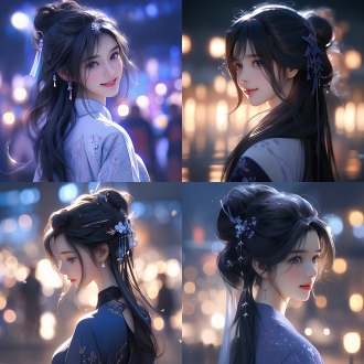 回头微笑的中国美女，四分之三视角，特写镜头，黑色长发，青色唐装汉服，精致妆容，夜景，背景虚化，顶光铡光结合，3d渲染，c4d风格，oc渲染，未来主义，柔和光泽，金属质感，高对比度，冷色调，科技感，优雅神秘