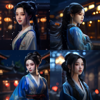 中国美女回眸微笑，四分之三视角，特写镜头，黑色长发，青色唐装汉服，夜景光，顶光铡光，背景虚化，3d渲染，c4d风格，oc渲染，未来主义，高细节，柔和光影，冷色调，金属质感，科技感，优雅，神秘，高级感