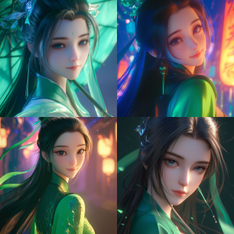 中国美女四分之三视角看向镜头，微笑优雅，黑色长发飘逸，身着青色汉服唐装，特写镜头，夜景背景下灯光璀璨，背景虚化，顶光与侧光交织，未来主义风格，3d渲染，c4d建模，oc渲染，金属质感，冷色调，科技感，古典与现代融合，神秘氛围