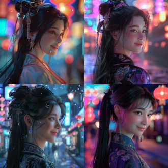 中国美女回头微笑，四分之三视角侧脸特写，黑色长发飘逸，青色汉服唐装精致刺绣，背景虚化霓虹夜景，顶光与侧光交织，未来主义3d渲染，c4d建模oc材质，高细节皮肤纹理，柔和光晕，冷色调与暖光对比，神秘优雅氛围