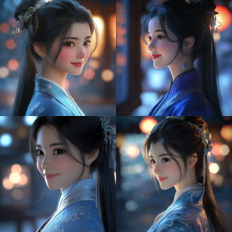 中国美女四分之三视角特写，微笑，黑色长发，青色汉服唐装，侧视图，背景虚化，夜景光，顶光铡光，3d渲染，c4d风格，oc渲染，未来主义，高细节，柔和阴影，冷色调，金属光泽，科技感，优雅，神秘， cinematic lighting，超现实