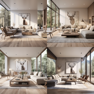 现代极简风格客厅，中性色调，柔和自然光，宽敞空间，低矮家具布局，麋鹿艺术画为焦点，浅色布艺沙发，木质茶几，金属椅腿，大窗户采光，8k超写实渲染，对称构图，无主灯设计，高级灰调，哑光材质，几何线条，极简装饰，画面干净纯粹，高端质感，光影层次分明。