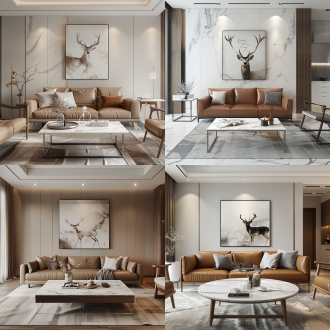 现代极简风格客厅，中性色调，宽敞明亮，对称构图，皮质沙发，大理石茶几，木质单椅，墙上驯鹿装饰画，自然光照射，柔和阴影，8k超高清，写实渲染，高端材质细节，金属与玻璃元素，优雅宁静氛围，极简线条，几何形状，无杂乱，空间层次感丰富，温暖舒适，现代艺术感