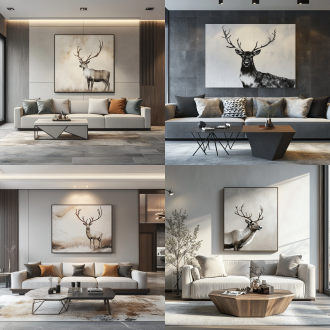 现代极简客厅，全景构图，低矮沙发与几何茶几，墙上驯鹿画作艺术焦点，自然光漫射，中性色调搭配柔和暖光，广角镜头，8k超写实渲染，高质感材质细节，空间层次分明，光与影的平衡，宁静优雅氛围，高级灰与木质元素，极简线条，无主灯设计