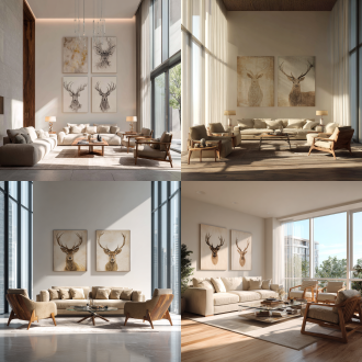 现代极简风客厅，米色沙发，玻璃茶几，木质扶手椅，墙上悬挂驯鹿装饰画，自然光透过落地窗，柔和阴影，对称构图，8k超高清渲染，细节丰富，哑光材质，中性色调，温暖氛围，高端艺术感，大师设计，真实感渲染，广角镜头，低角度拍摄，空间层次分明，极简线条，优雅宁静。