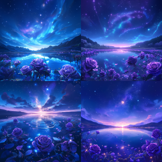 多维剪纸工艺插画，夜空下星星点点倒映在光滑湖面，紫色玫瑰漂浮水中，极光与仙女光交织，cg渲染风格，体积光效果，超广角镜头，高清画质，生物发光细节，虚拟引擎5，雾面质感，空间艺术感，深邃蓝色调，梦幻氛围，璀璨星空，宽阔湖面，闪烁星光，静谧与神秘交融。